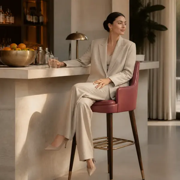 Bennet Bar Stool shown in a hotel interior with a seated guest