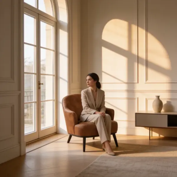 Gray Lounge Chair shown in a hotel interior with a seated guest