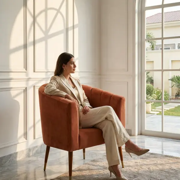 Quilted tub chair shown in a hotel interior with a seated guest